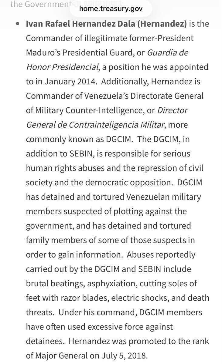 Un recordatorio de que en 2019, cuando era Subsecretario del Tesoro, la Administración Trump sancionó a Iván Rafael Hernández Dala por su represión brutal contra la oposición democrática y por abusos de derechos humanos.