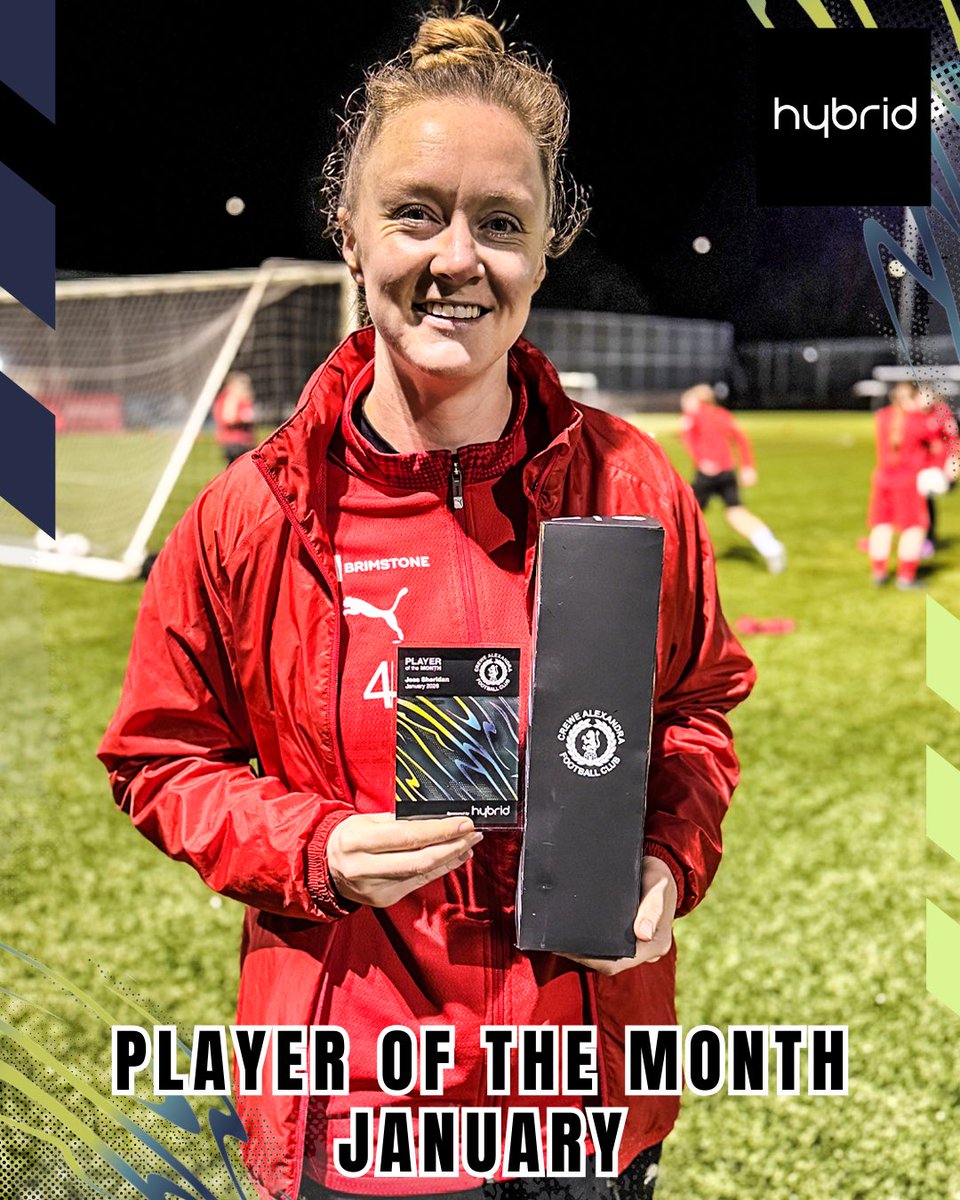 CreweAlexWomen's tweet photo. Our @HybridServices Player of the Month: January🏆

Huge congratulations to Jess Sheridan

A consistent month of top performances helping us in to a cup quarter final &amp; semi final🙌 https://t.co/alLzrmlCsy