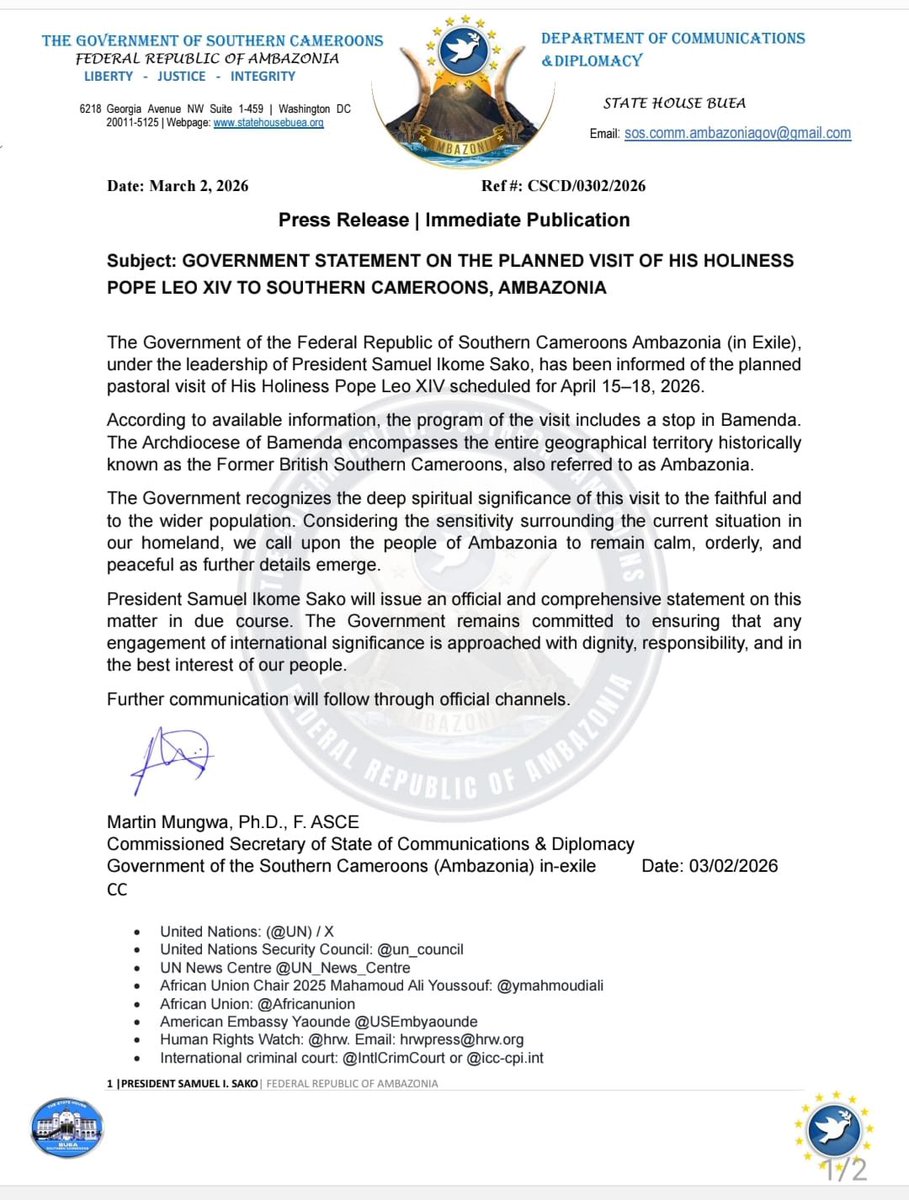 pabiedu1's tweet photo. Government of #SouthernCameroons #Ambazonia writes on the upcoming papal visit.

@VaticanNews 
@OfficialVatican
@POTUS @realDonaldTrump 
@AlgeriaUN
@swiss_un 
@UNGuyana
@RussiaUN 
@Rok_Mission
@UNinChina 
@UKUN_NewYork 
@SLOtoUN 
@JapanMissionUN
@UNSierraLeone
@MaltaUNMission 
@EcuadorONU
@franceonu 
@RussiaUN
@USUN
@SecRubio 
 @un_council
 @ymahmoudali 
 @Africanunion
  @USEmbYaounde 
 @IntlCrimCourt 
 @FCDOGovUK
 @commonwealthsec 
 @vonderleyen
 @EU_Commission
 @EUCouncil
 @Europarl_EN