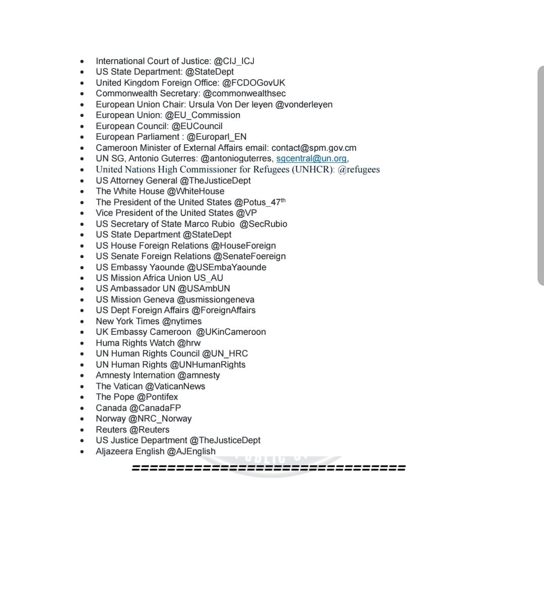 Government of #SouthernCameroons #Ambazonia writes on the upcoming papal visit.

<a href="/VaticanNews/">Vatican News</a> 
<a href="/OfficialVatican/">the official vatican</a>
<a href="/POTUS/">President Donald J. Trump</a> <a href="/realDonaldTrump/">Donald J. Trump</a> 
<a href="/AlgeriaUN/">Permanent Mission of Algeria to the United Nations</a>
<a href="/swiss_un/">SwitzerlandUN</a> 
<a href="/UNGuyana/">UN Guyana</a>
<a href="/RussiaUN/">Russia at the United Nations</a> 
@Rok_Mission
<a href="/UNinChina/">United Nations in China</a> 
<a href="/UKUN_NewYork/">UK at the UN 🇬🇧🇺🇳</a> 
<a href="/SLOtoUN/">Slovenia to the UN</a> 
<a href="/JapanMissionUN/">Japanese Mission UN</a>
<a href="/UNSierraLeone/">UN in Sierra Leone</a>
<a href="/MaltaUNMission/">Malta at the UN 🇲🇹🇺🇳</a>