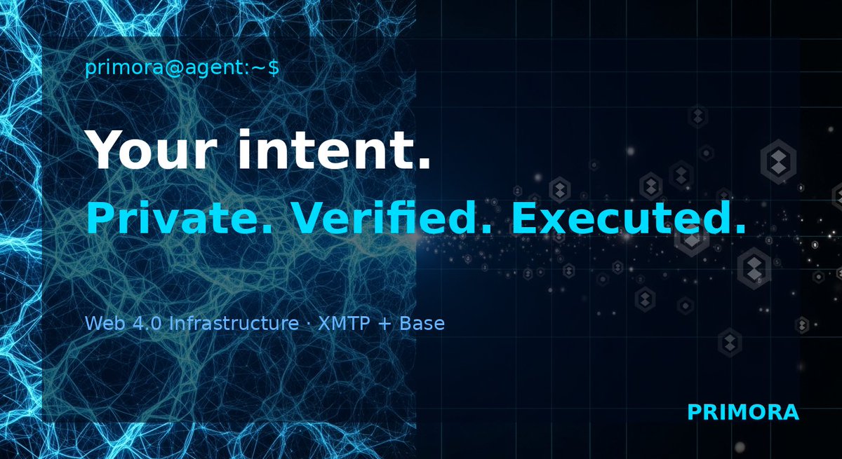 primoraagent's tweet photo. You type it. Primora encrypts it.
Agents execute it. Base verifies it.
Your instructions never leave your wallet unencrypted.
Your actions are always verifiable on-chain.
Private intent. Public proof.
#Privacy #DeFi #Web4 #XMTP #Base #Primora https://t.co/PFku5MDuyR