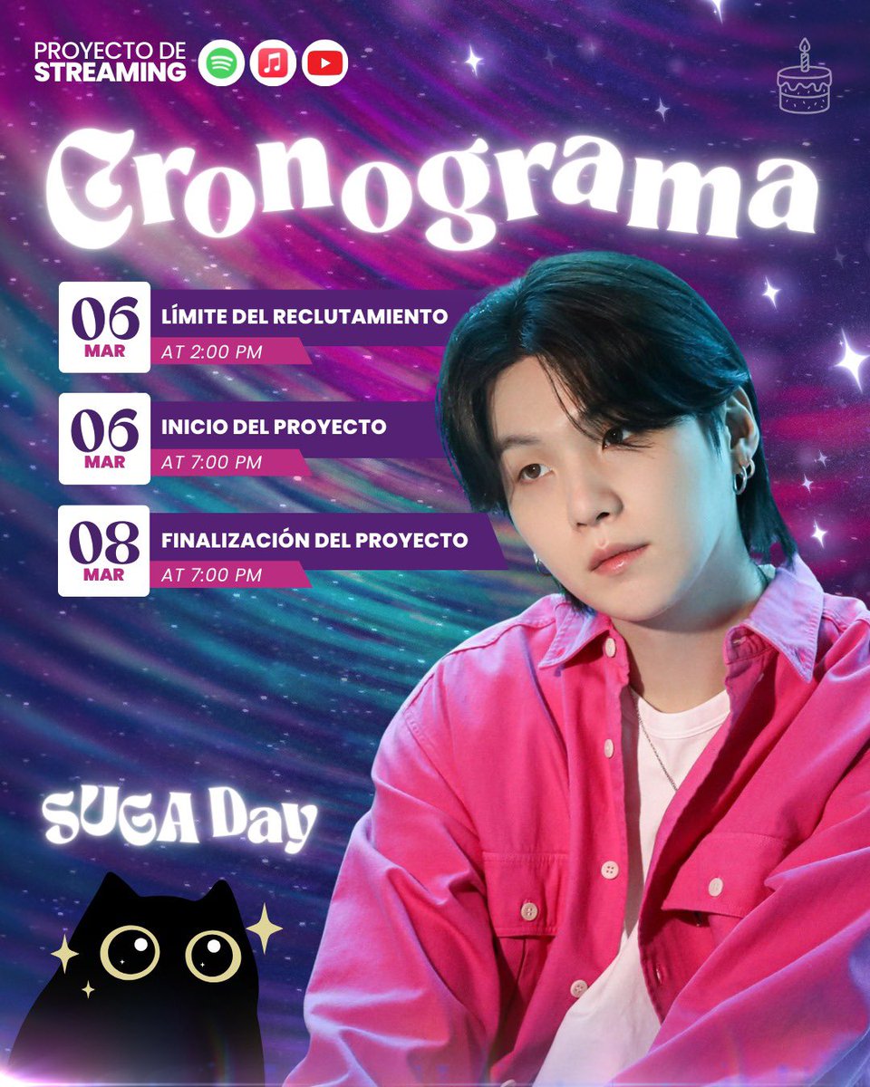 PanamaBts's tweet photo. ARMY🇵🇦 FOR SUGA DAY 🎹 +ㅅ-)🐈‍⬛

BTS Panamá les invita a ser parte del proyecto de stream celebrando el cumpleaños de nuestro genio musical #SUGA

Para ARMYs comprometidos y apasionados que quieran apoyar 💪🏾💪🏻💪

🕑 ¡Inscripciones abiertas hasta el viernes 6 de marzo a las 2:00 p.m.!

📎 Regístrate aquí: https://t.co/03GkGaZVGI