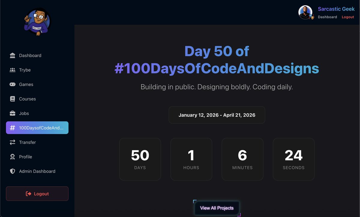 gozkybrain4u's tweet image. Day 50 of #100DaysOfCodeAndDesigns with the Sarcastic Geeks Trybe @sarcasticgeek4u

I am super proud of every geek that has made it to the half way mark.
You guys are the real OGs, and you deserve to brag about it!