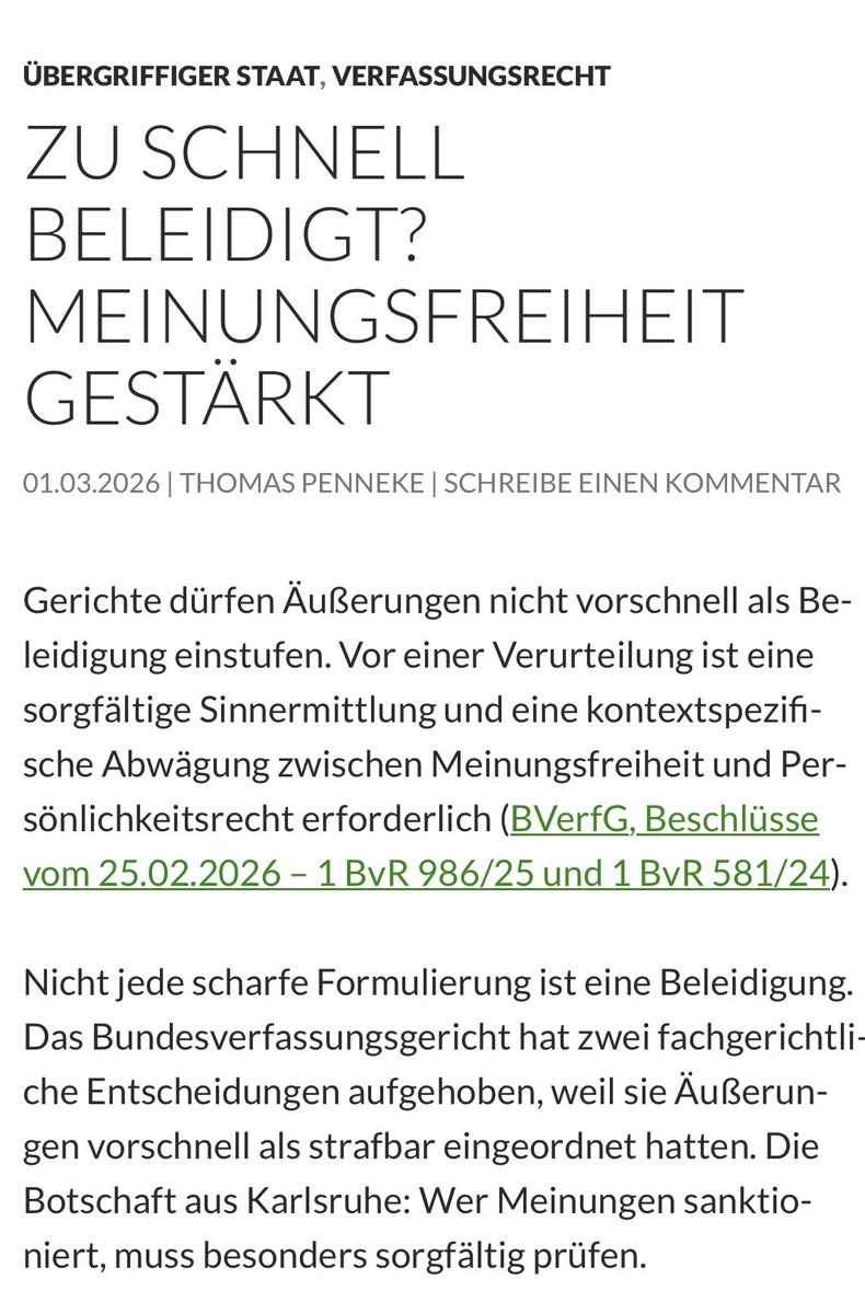 Strafrecht ist kein Instrument zur schnellen Disziplinierung missliebiger Meinungen.

Zur Gutenachtgeschichte gehts hier lang:

blog.strafrecht-mv.de/beleidigt-mein…

#penneke 
#RechtAlltag
#Meinungsfreiheit 
#Beleidigung
#Grundgesetz