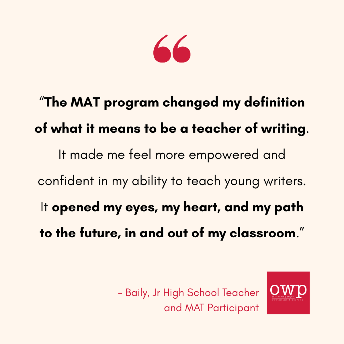 owpmu's tweet photo. βοΈ Our Master of Arts in Teaching Program can redefine your path as a teacher, in and out of the classroom. Interested in learning more? Contact us at ohiowritingproject@miamioh.edu or click the link in our bio #OWP #ohiowritingproject #writingproject #testimonial #teaching https://t.co/Z83g3rx65Q