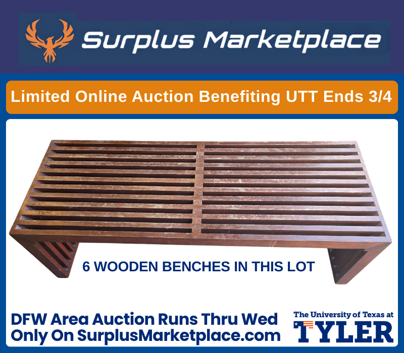 SurplusMktplc's tweet image. 6 Wooden Benches up for bid through Wednesday, March 4th, in an online auction that benefits UT Tyler.
surplusmarketplace.com
See site for details. Surplus Marketplace, LLC is a Texas auction company under B.Blair (lic.18123).
#uttyler #surplusmarketplaceauctions