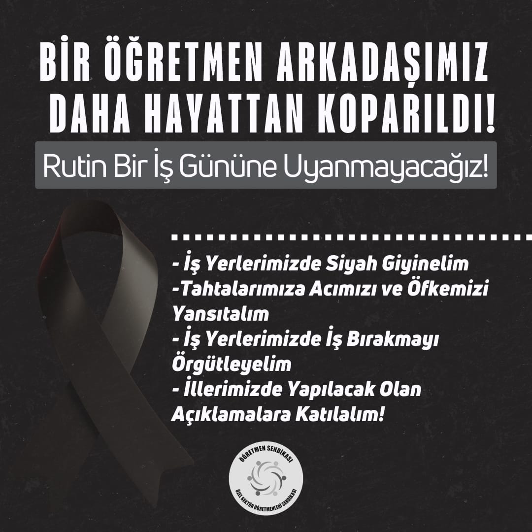 YASTAYIZ! 
ÖFKELİYİZ!

Tüm özel öğretim kurumlarında çalışan meslektaşlarımızı, öğretmenlik mesleğinin onuru ve katledilen meslektaşımız Fatma Nur Öğretmen için bir gün iş bırakmaya ve bulunduğu her alanda tepki göstermeye çağırıyoruz!

Kaybettikleri meslektaşlarının arkasından
