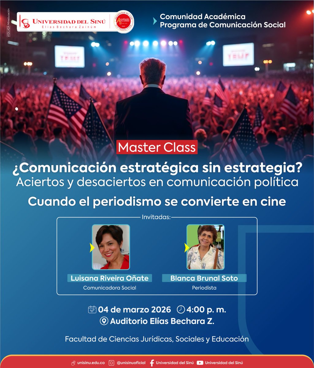 📣 ¡Comunica, aprende y crece!
Estudiantes de Comunicación Social de la <a href="/UnisinuOficial/">Universidad del Sinú</a>, los esperamos en una Master Class con <a href="/LuisanaRiveiraO/">Laro</a> y Blanca Brunal
🗓️ 4 de marzo | ⏰ 4:00 p.m.
¡El conocimiento está esperándolos, no se lo pueden perder! 
#Universidad  #MasterClass