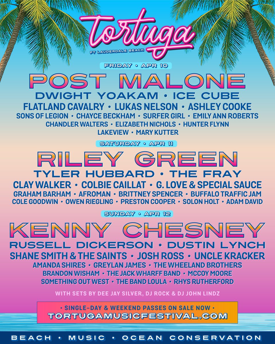 Single-day passes for <a href="/RockTheOcean/">Rock The Ocean</a>’s 2026 <a href="/festivaltortuga/">Tortuga Music Festival</a> are ON SALE!

April 10–12
📍 Fort Lauderdale Beach

🎟️ Grab yours now: bit.ly/TortugaMusicFe…