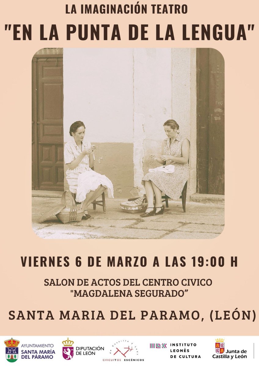alidajimenezp's tweet photo. ✨️¡Buenas!
Este próximo fin de semana hacemos triplete celebrando la semana del 8M con la representación de la obra "En la Punta de la Lengua", recordando aquellas tardes al fresco de dos mujeres en un pueblo castellano de los años 50. 
#CulturaEnMovimiento #8M https://t.co/AgFRWVmeik