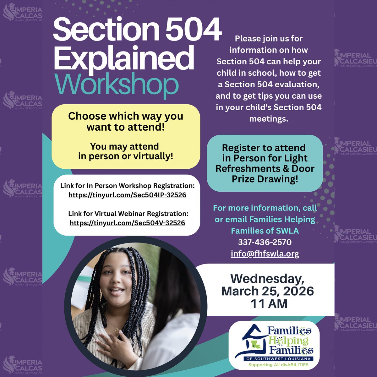 imcalhsa's tweet photo. Section 504 Workshop

📅 March 25, 2026
⏰ 11 AM
📍 In-person or Virtual
In-Person: https://t.co/DbS152WDWX
Virtual: https://t.co/wZIUXopVQf
Learn how 504 supports your child in school. https://t.co/M6opGcdrMx