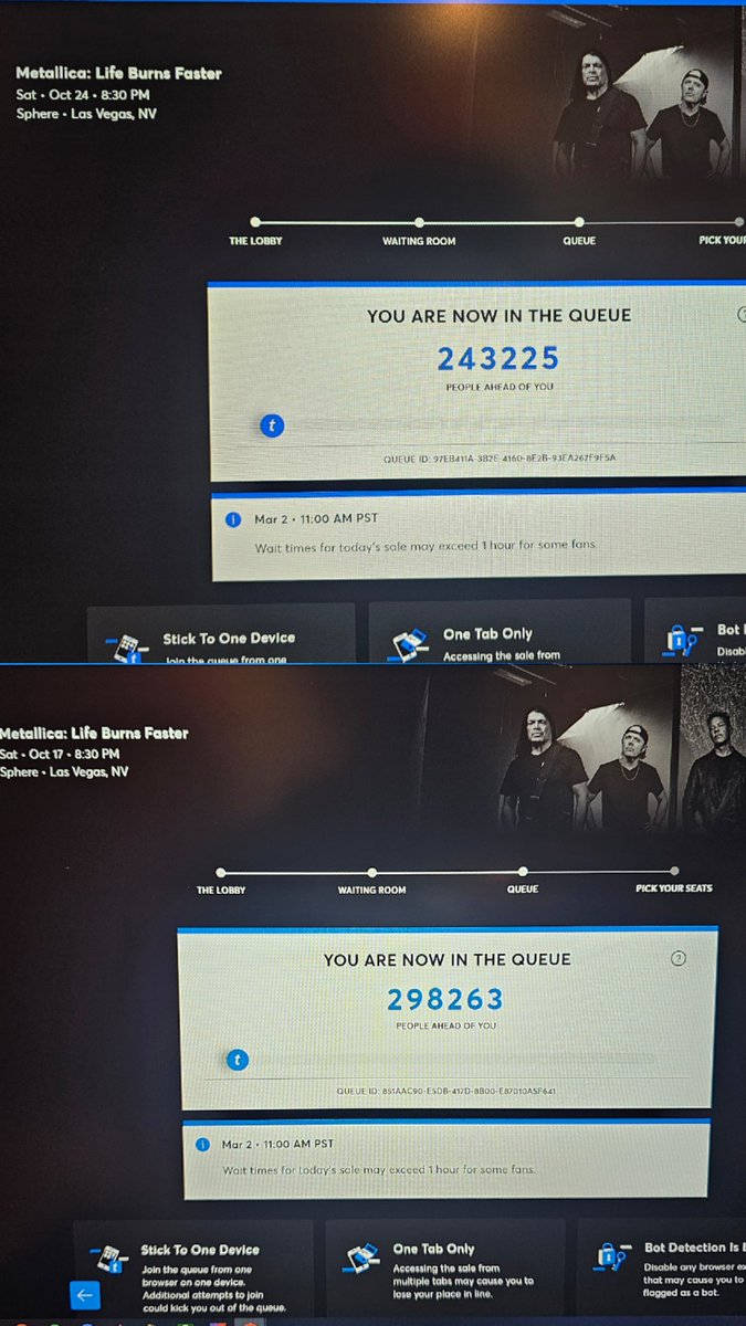 My account on the right, my brother on the left. Ticketmaster at their BS again for Metallica's Sphere Residency. 
Fifth Member Presale sold out even with 4000 in the queue. 
First with BTS now with Metallica. Same shit different show.
<a href="/TheTicketTruth/">TicketTruth</a> <a href="/Ticket_Help2022/">TICKETSHELP1</a>