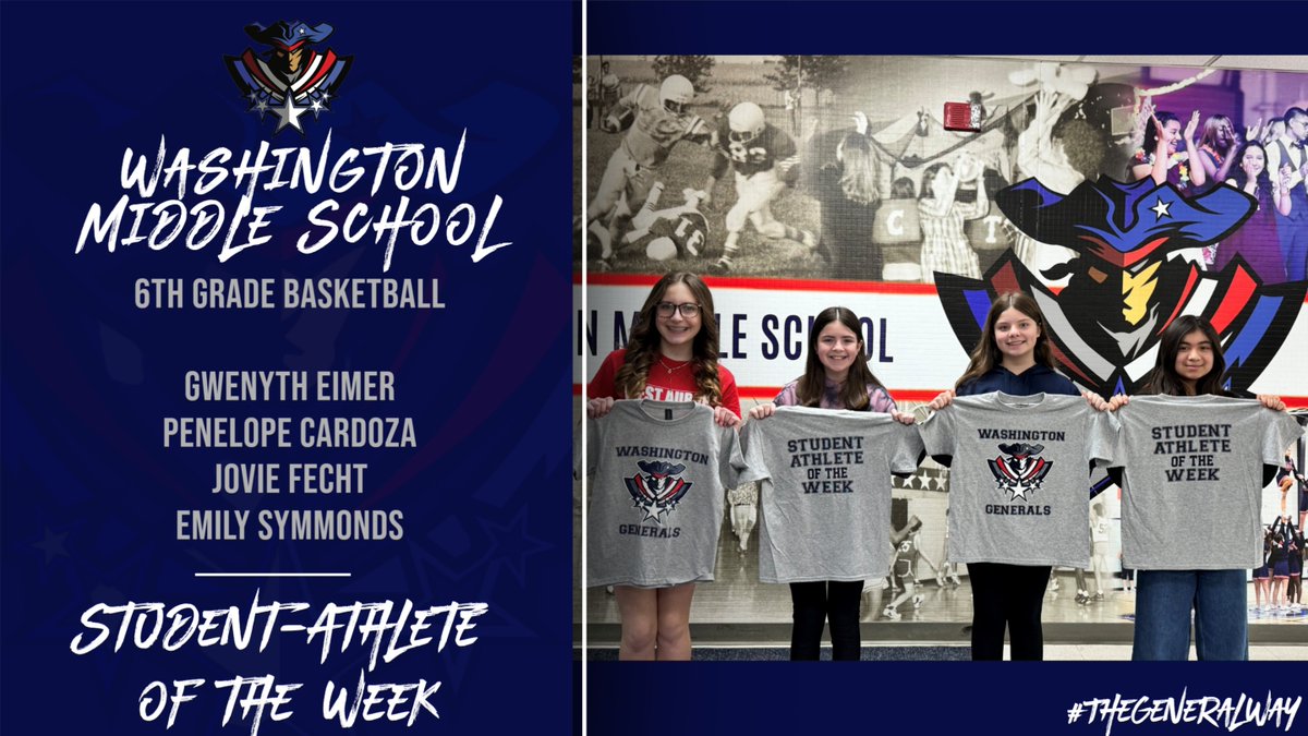 Athletics_WMS's tweet image. 🏀👏 Shoutout to Jovie, Gwenyth, Penelope &amp;amp; Emily!
Our 6th Grade Basketball Student-Athletes of the Week are representing the General Way the right way! 💪
#BrightFuture #TheGeneralWay
