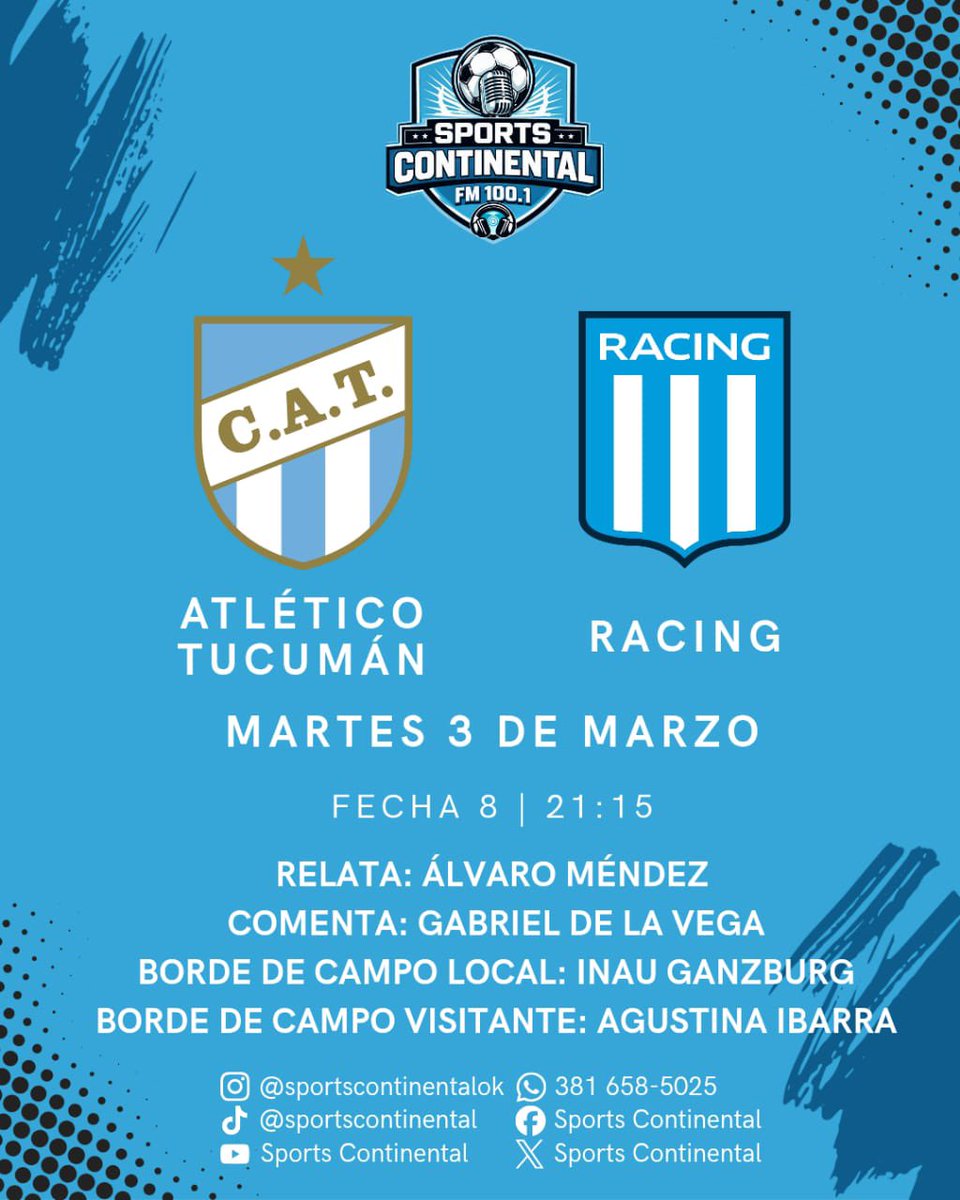 SContinent30993's tweet photo. ⚽️EL DECANO RECIBE A LA ACADEMIA!

📝Este martes a las 21:15 hs, Atlético enfrentará a Racing de Avellaneda en el Monumental, y lo vivís por Sports Continental.

🎙️Relata: Alvaro German Mendez
Comenta: Gabriel De La Vega
Borde de campo: Inau Ganzburg - Agustina Ibarra

📻FM 100.1 https://t.co/7KxiFwM0gV