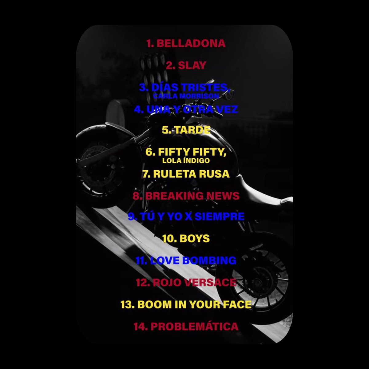 KeniaOsTweets's tweet photo. “K de Karma” — Tracklist: 

1. Belladona
2. Slay
3. Días Tristes ft. Carla Morrison
4. Una y Otra Vez
5. Tarde
6. Fifty Fifty ft. Lola Indigo
7. Ruleta Rusa
8. Breaking News
9. Tú y Yo X Siempre
10. Boys
11. Love Bombing
12. Rojo Versace
13. Boom In Your Face
14. Problemática https://t.co/No2XPVcX1l