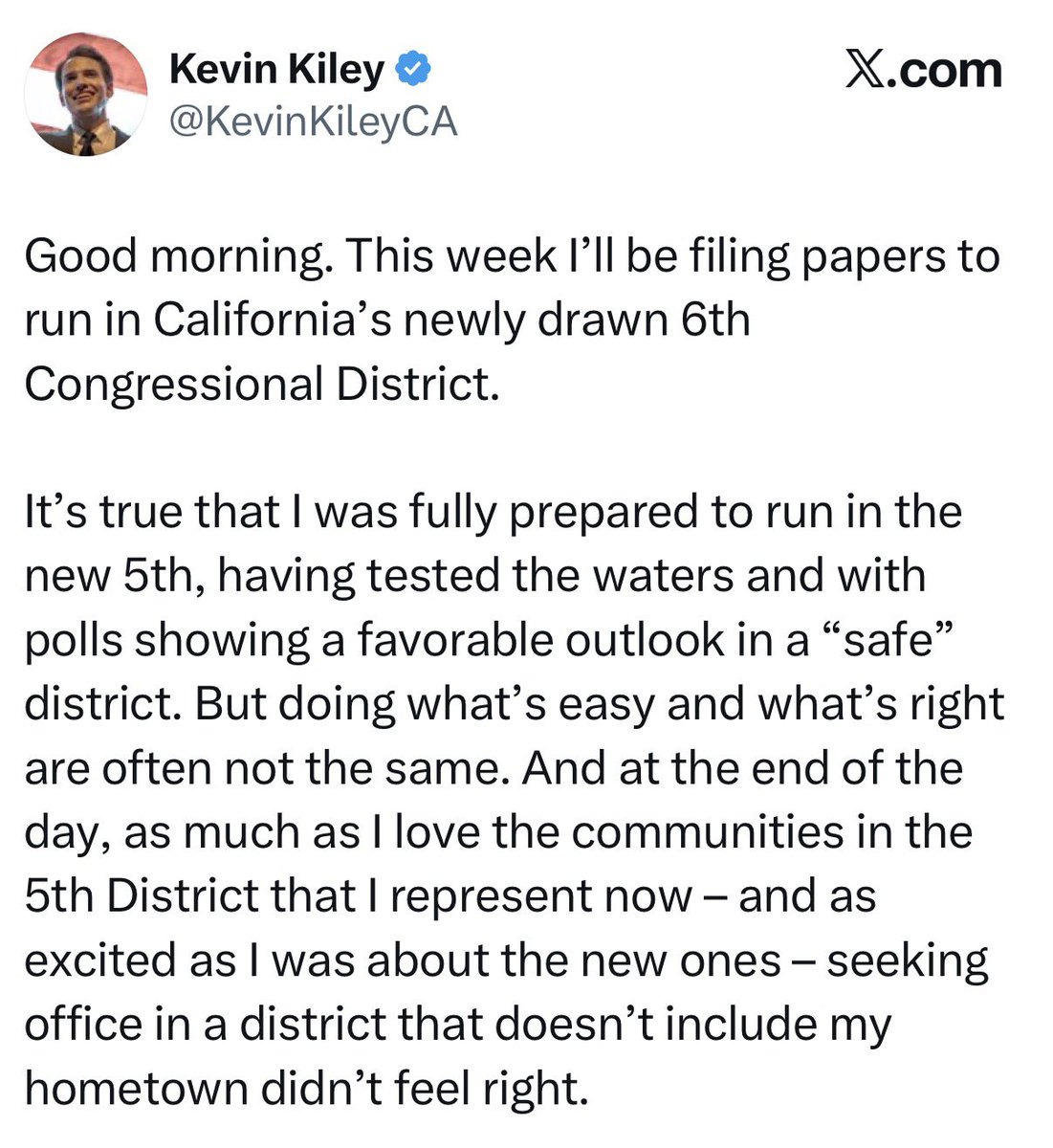 PollTracker2024's tweet photo. Rep. Kevin Kiley (R-CA) announces he will be running in California’s 6th congressional district, avoiding a clashing with Tom McClintock in #CA05
#CA06 is a district Harris won in 2024 under Prop 50 by a decent margin https://t.co/zrJZh5I3jK