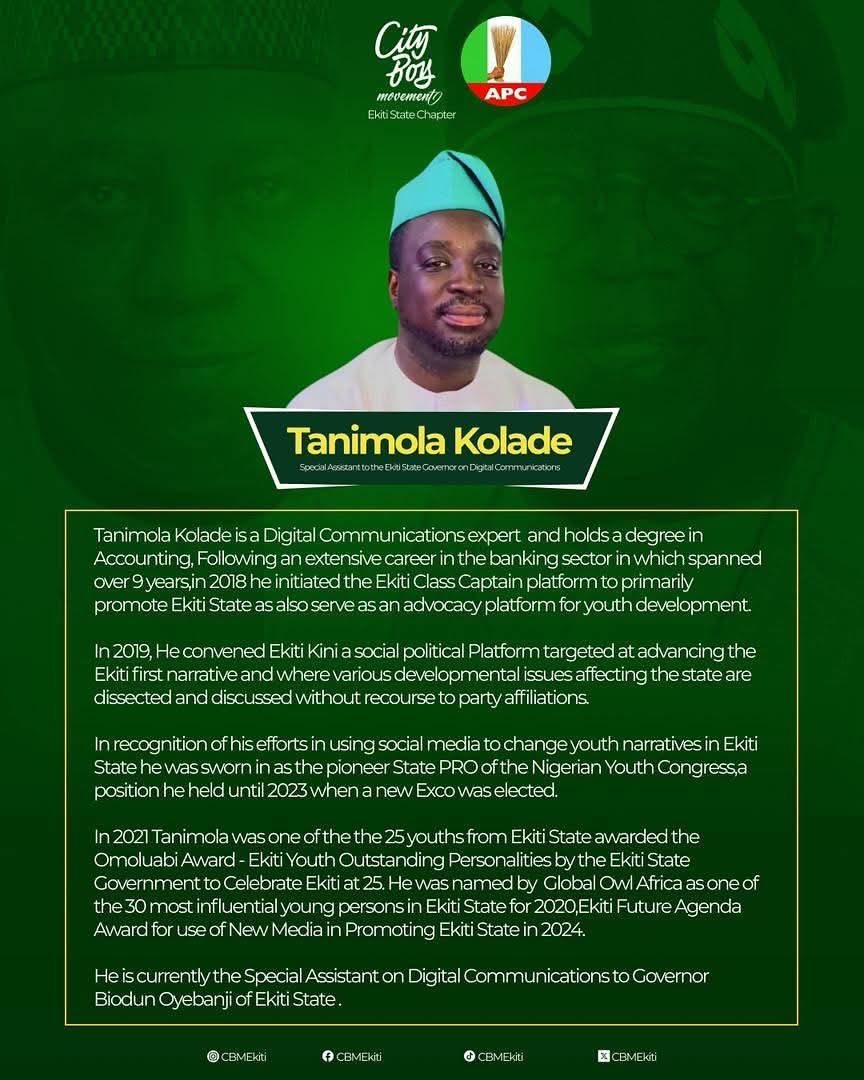 I am deeply honoured by my appointment as Chief of Staff to the Ekiti State Director <a href="/oluwafemiKAS/">AsiwajuKas</a> of the City Boy Movement in Ekiti State.

The City Boy Movement represents energy, loyalty and an unshakable commitment to progressive ideals that define the APC and the Renewed