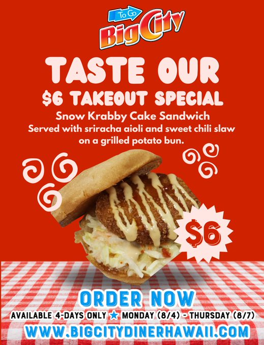 BCDlane's tweet image. 4-DAYS 🙌$6 SANDWICH🍔TAKEOUT🚗ONLY! Monday-Thursday from 10 am-8 pm at ⁦@BigCityDiner⁩ at ⁦@KailuaNEWS⁩ @WindwardMall #Pearlridge &amp;amp; @WaipioCenter #Hawaii #GreatDeal #Value #Kailua #WindwardMall #WaipioCenter #CrabCake #Sandwich #Lunch #Dinner #Yummy #MondayMotivation #Monday