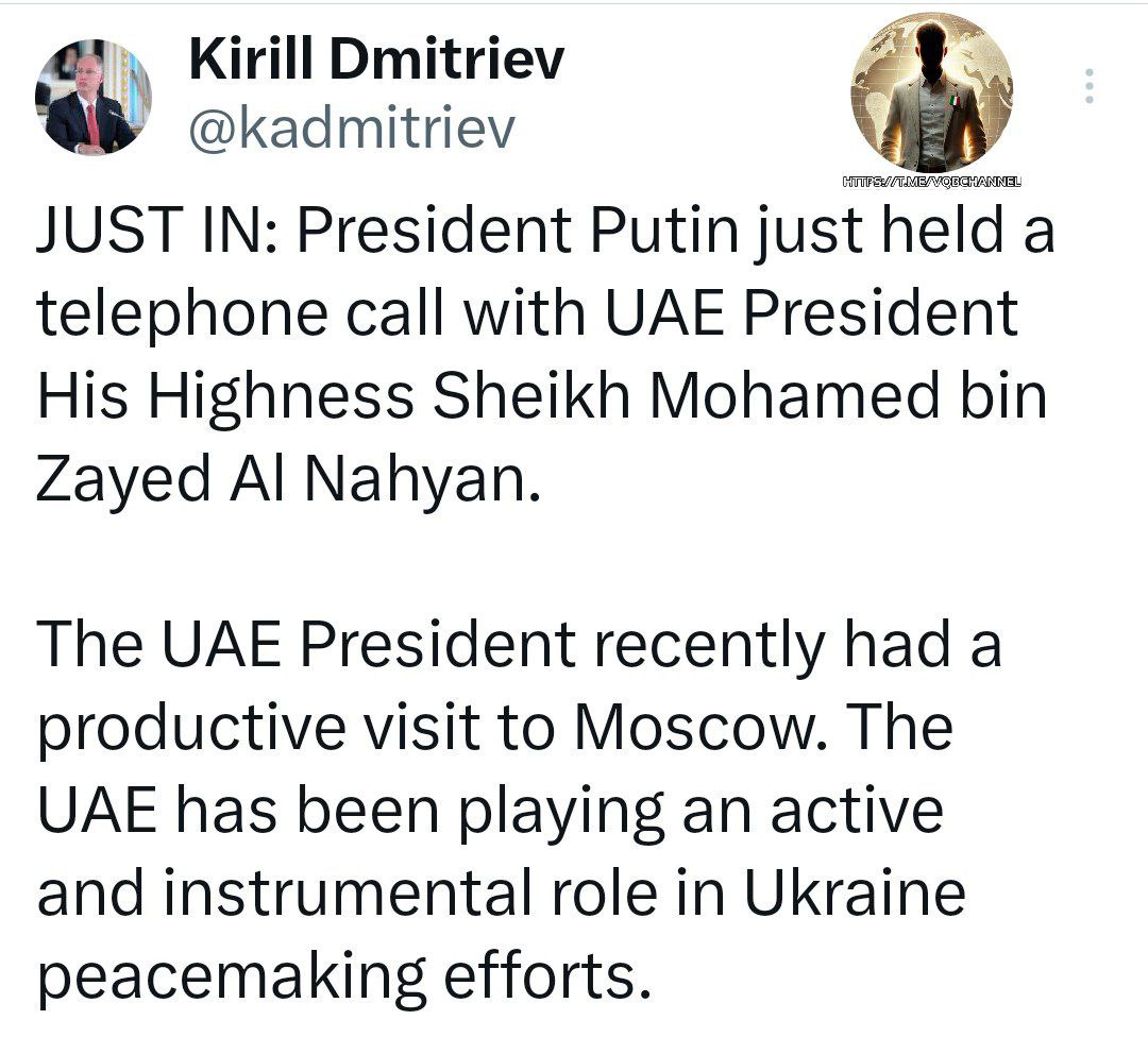 LadyAfro17's tweet photo. 2 marco 2026, Russia - EAU
KIRILL DMITRIEW: COLLOQUIO TELEFONICO TRA PUTIN E LO SCEICCO AL NAHYAN
"Il presidente #Putin ha appena avuto una conversazione telefonica con il presidente degli #Emirati_Arabi_Uniti, Sua Altezza lo sceicco Mohamed #bin_Zayed Al Nahyan.
Il presidente degli Emirati Arabi Uniti ha recentemente effettuato una visita produttiva a #Mosca. Gli Emirati Arabi Uniti hanno svolto un ruolo attivo e determinante negli sforzi di pace in Ucraina."
#2marzo #Russia #Putin
#EAU #Dmitriew #Medioriente
#EurasiaNews #Dmitriev
https://t.co/pkcmoZTuPq