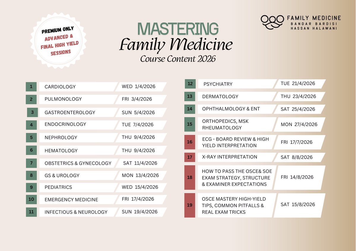 BanBardisi's tweet photo. تم فتح باب التسجيل في دورة

Mastering Family Medicine 2026

للتحضير لاختبار البورد السعودي — Part 1 & Part 2 | 2026

✨ تم تصميم هذا الكورس بعناية ليكون مرجعك الأساسي والوحيد للتحضير للاختبار من خلال محتوى شامل وعالي العائد يركز على ما تحتاجه فعليًا للنجاح.

📚 محتويات الكورس:
• 20 محاضرة شاملة تغطي جميع أقسام وتخصصات طب الأسرة
• اختبار تجريبي شامل (Mock Exam) يحاكي الاختبار الحقيقي

 آراء وتقييمات المشاركين في نسخة 2025:
https://t.co/62P9wwANRS

💯 ضمان استرجاع المبلغ
في حال لم تستفد من الدورة أو لم تلاحظ تحسنًا في مستواك العلمي، يمكنك استرداد كامل المبلغ خلال أول 10 أيام من تاريخ بداية الكورس

*رابط الاشتراك:*
https://t.co/bNYfonVs5a