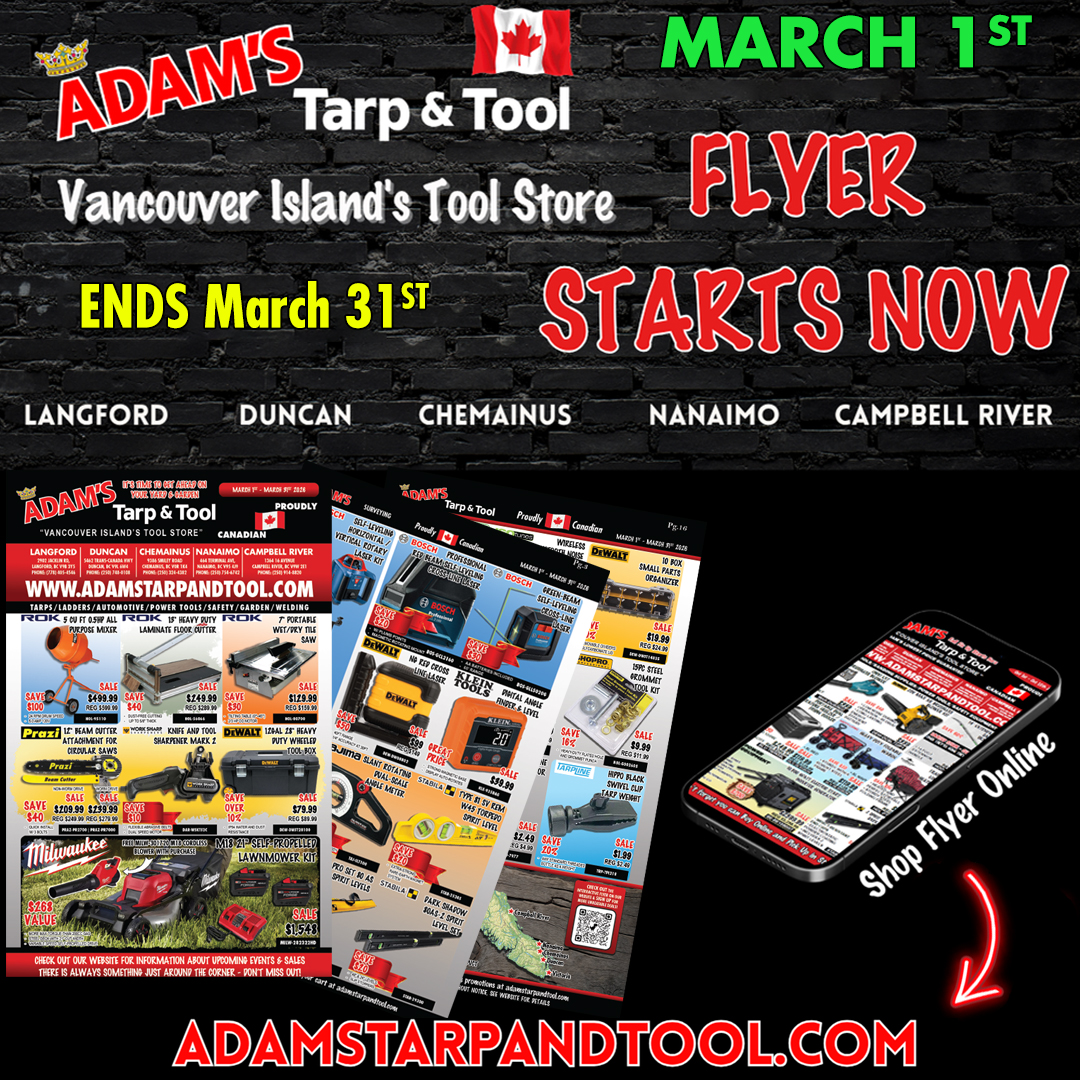 AdamsTarpNTool's tweet photo. Adam's March Flyer is live (March 1–31, 2026).  Deals on Makita &amp; DeWalt cordless kits, Milwaukee outdoor power equipment, ladders, welders, compressors, safety gear and more.  

View it here: https://t.co/0lmszEkWmC  

Use code FLYER at checkout. Buy online, pick up in-store. https://t.co/jdmhUqsWXL