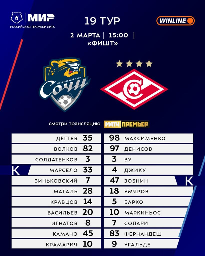 SergeyOrlov44's tweet photo. Стартовые составы на матч "Сочи"-"Спартак". #СочиСпартак https://t.co/QAfnxYk2XW