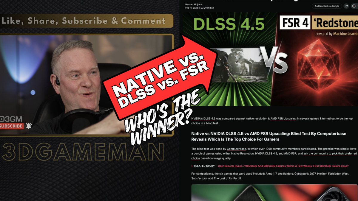 3dGameMan's tweet image. Native vs. NVIDIA DLSS vs. AMD FSR Upscaling youtu.be/M2su_mIp8Rc
#DLSS45 #FSR4 #NvidiaVsAMD #PCGaming2026 #TechNews #Native4K #AIUpscaling #GraphicComparison #ComputerBase #Cyberpunk2077 #ArcRaiders #TemporalReconstruction #RTX5090 #GamingHardware #ImageQuality