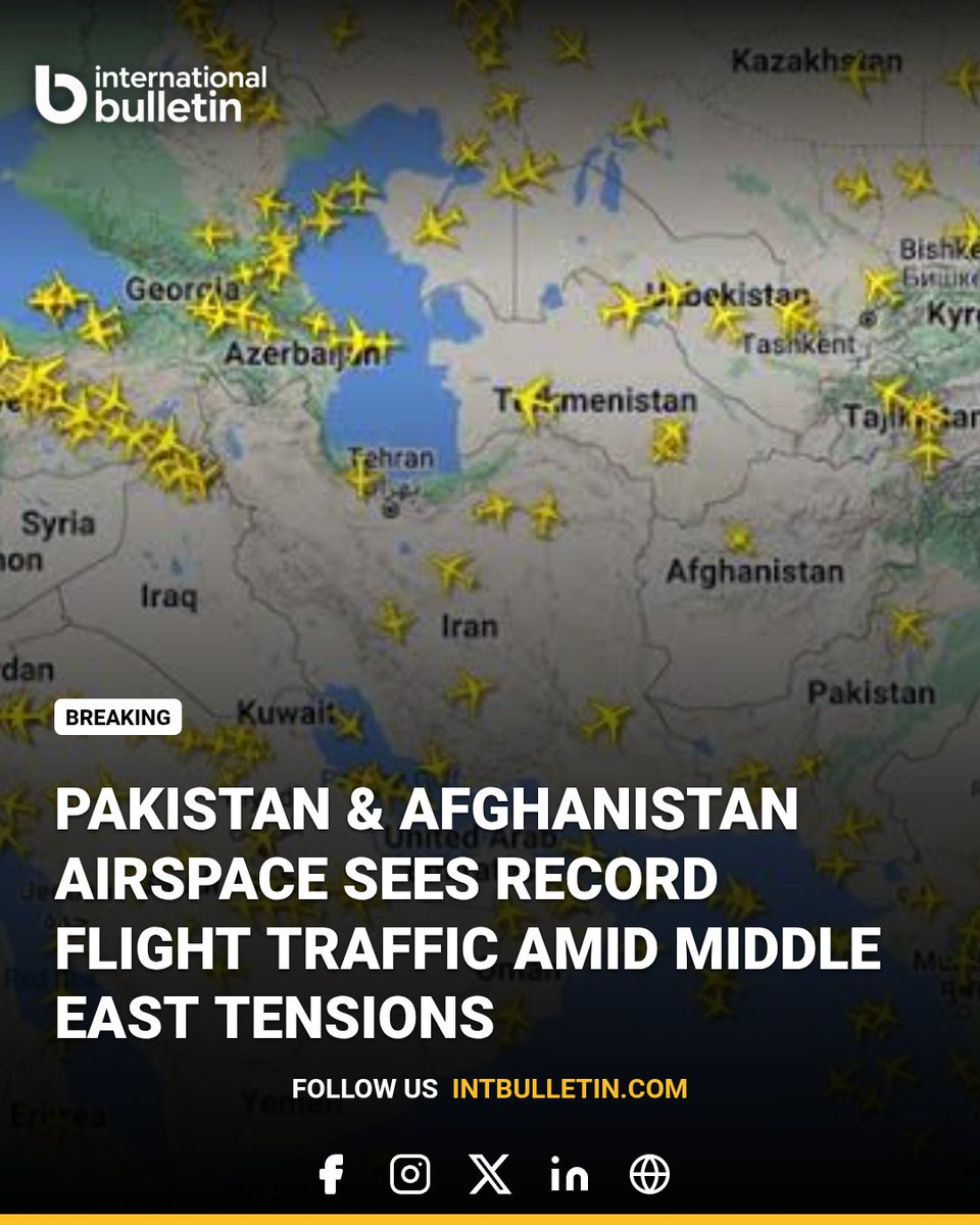 intbulletin's tweet photo. Air routes over Pakistan and Afghanistan have become some of the busiest in the world as international flights are rerouted due to rising Middle East tensions. This surge in overflights is boosting Pakistan’s aviation sector, while authorities work manage  unprecedented traffic. https://t.co/rWlDaivd57