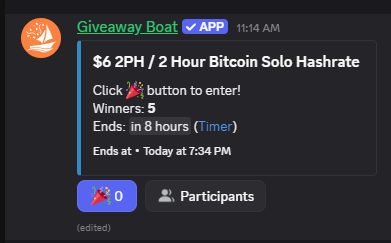GIVEAWAY! WILL CHOOSE 5x BITCOIN SOLO HASHRATE WINNERS! 2 P/H for 2 hours each on <a href="/Braiins/">Braiins</a> Hashpower marketplace  LETS GOOOO just click the Emote to join, winner will be chosen automatically this evening.

discord.gg/JpR3bUBjJN