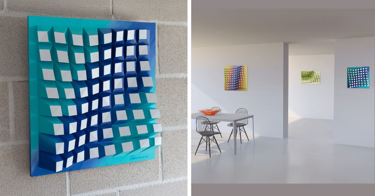CatherineDeBoss's tweet photo. 'Matrix of Life 064 – Blue Waves of Early Earth' fuses bold geometry with fluid turquoise-to-electric-blue gradients (50 × 50 × 6.5 cm). Handcrafted to evoke Earth's Ice Age dawn and nascent life. View online or visit the Brussels studio gallery.