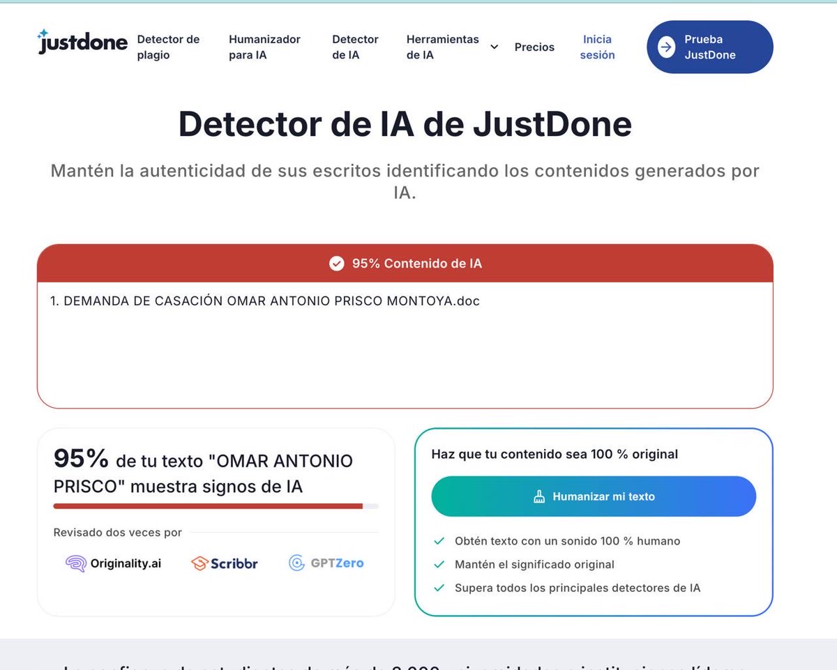 A propósito de la decisión AP760-2026 (70927) 

Concuerdo en el llamado al uso responsable de la IA, pero, particularmente las herramientas Winston AI y Copyleaks, usadas por la Corte, son muy poco confiables. 

Le pedí que revisara una demanda radicada en el año 2019 (mucho