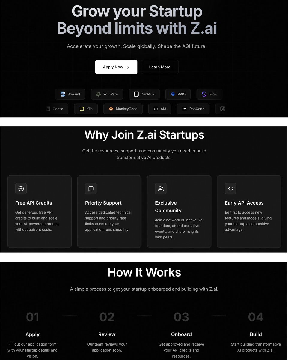 🚀We're excited to launch the Z.ai for Startups program

Apply now: startup.z.ai/?src=x&s=7ee7f…

Join hundreds of startups already building with Z.ai.

Ship faster. Scale smarter. Build for the long run.