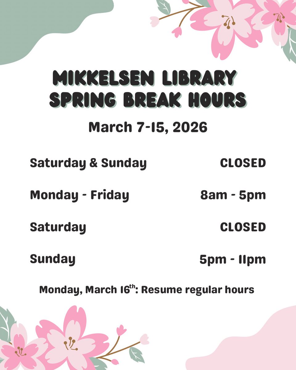 AugieLibrary's tweet photo. Next week is spring break! 
The library will be open, but with fewer hours. 
Have a fun, safe break, and we hope you can take some time to read great books for the Everybody Reads challenge! https://t.co/YiGWA4dyIm