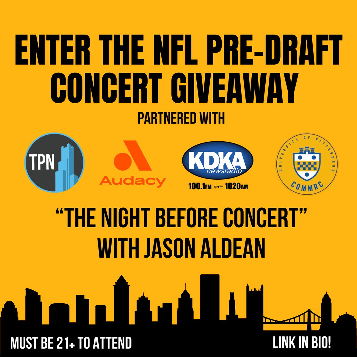 ThePittNews's tweet photo. The Pitt News is excited to announce we are partnering with KDKA Radio to give away 2 tickets to the NFL’s Pre-Draft Concert WITH Jason Aldean, on April 22nd, 2026!

Enter the giveaway here: https://t.co/YONvvYP9Kr
#NFLDraft #Giveaway #jasonaldean #Pittsburgh https://t.co/P4uh4kqePE