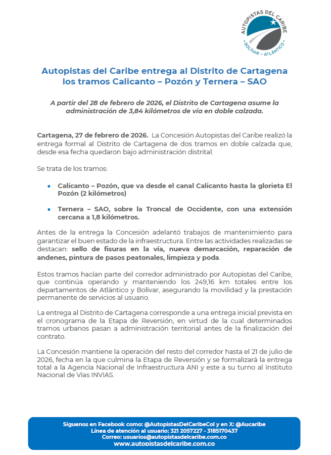 #Comunicado | En el marco de la Etapa de Reversión, Autopistas del Caribe realizó la entrega formal de los tramos Calicanto-Pozón y Ternera-SAO al distrito de Cartagena. 
Lee el comunicado completo en: 
autopistasdelcaribe.com.co/wp-content/upl…