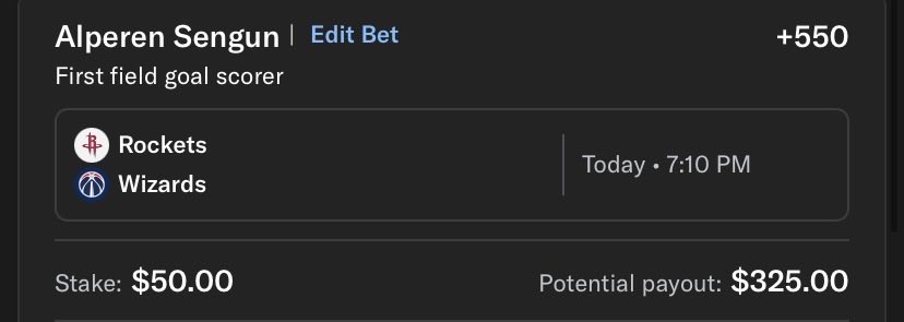 TPB_FirstBasket's tweet image. Today’s play 🏀

Alperen Sengun +550 (MGM) 🟫

Good spot here for Sengun vs a WAS team that does not score first often. Sengun has scored first team basket in 25% of his starts this season, the most for HOU 👀

ThePlayBookBets.com 📒