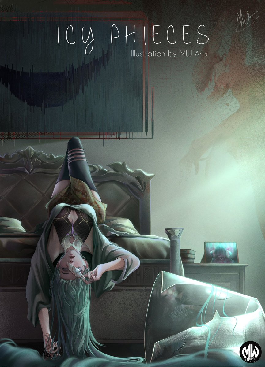 This is not an art.
It's a story.

I drew this while facing depression last year.

The girl lay at the bedpost, symboling the verge of death. Her reflection on glass is fading. The entity on wall waits to claim her soul. While she await her end. Drop by drop. Second by second.