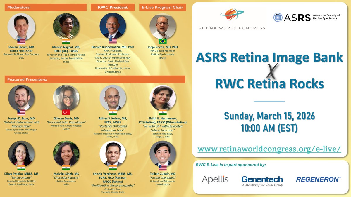 RWCRetina's tweet photo. ๐ฅ Level up your clinical insight with two powerhouse resources in one session! The ASRS Retina Image Bank and RWC Retina Rocks are teaming up for a special E๏ฟฝ๏ฟฝ๏ฟฝLive session on Sunday, March 15, 2026 at 10 AM EST
๐https://t.co/fHF4bAt9jm
#retinaspecialists #ASRS #RetinaRocks https://t.co/SxkV2qMy4O