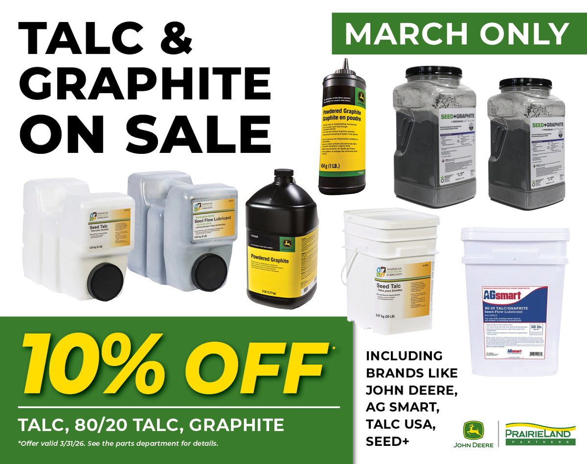 PrairieLandJD's tweet photo. MARCH ONLY - Talc &amp; Graphite Sale
Save 10% off Talc and Graphite including brands like John Deere, Ag Smart, Talc USA, and Seed+.

Offer ends 3/31/26, see the parts department for details. https://t.co/juSdnLo2Qf