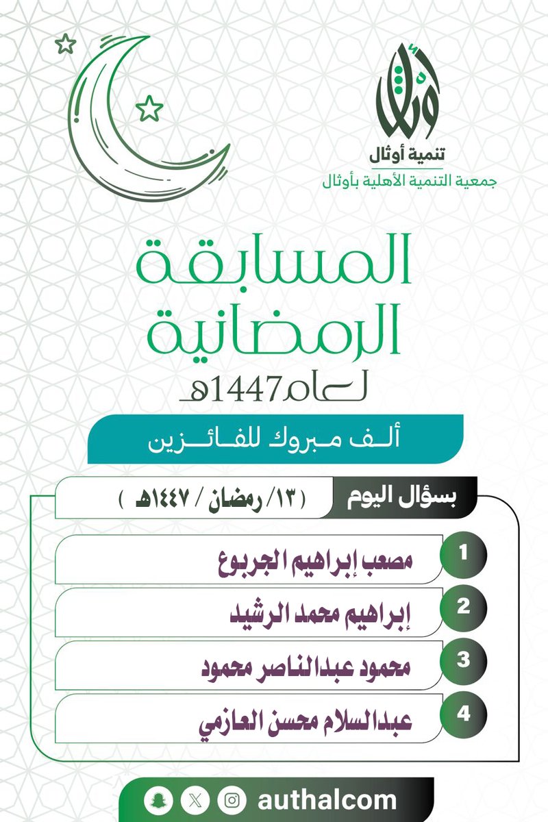authalcom's tweet photo. .                                 

.                                    

الفائـزون بسـؤال اليـوم الثالث عشر     

#أوثال 
#جمعية_التنمية_الأهلية_بأوثال 
#رمضان_شهر_الخير                                    

. https://t.co/6k6Cinxa1G