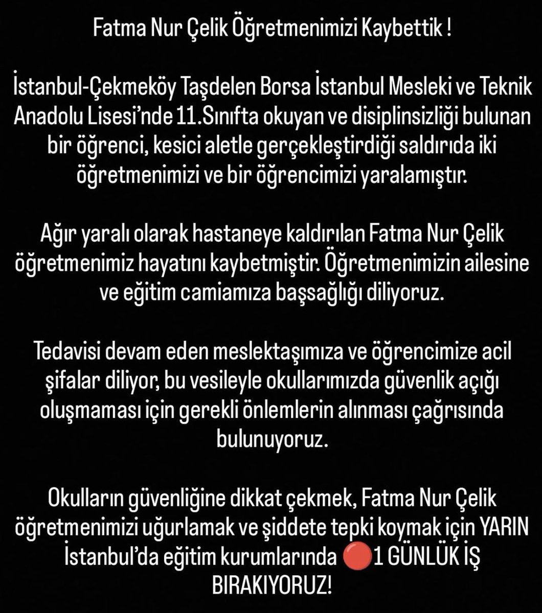 daldaltgba's tweet photo. 😢
Emek verdiğin, geleceğini inşa etmek için çabaladığın öğrencin ecelin oluyor .. Tarif edilemez bir acı bu.. Tüm meslektaşlarım başımız sağolsun.. Fatma Nur Öğretmenimizin evladına, ailesine ve sevenlerine sabırlar diliyorum 🙏🏻😢 https://t.co/MYT1O695mw