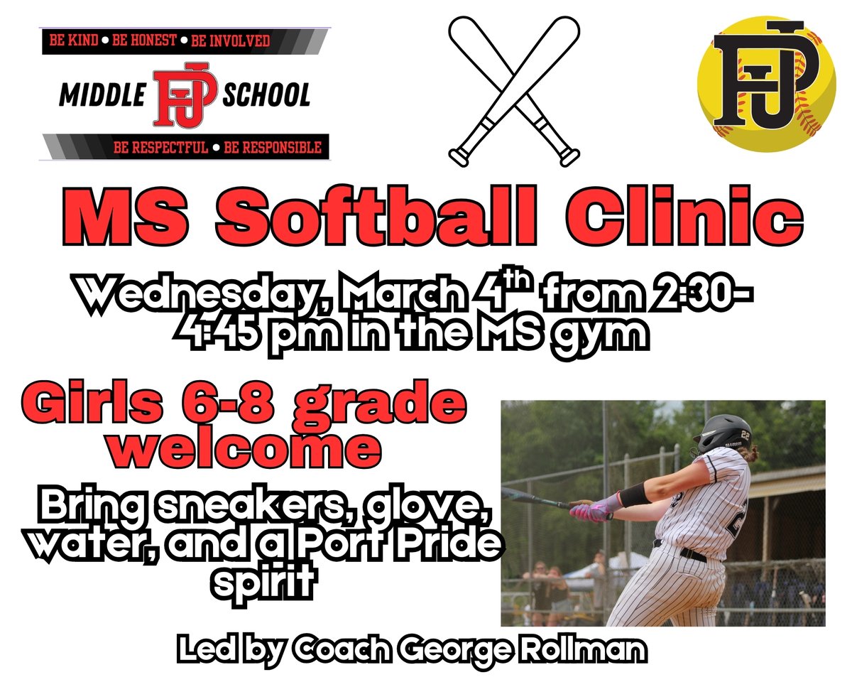 pjschools's tweet image. Calling all MS girls, grades 6-8. Softball clinic this Wednesday, March 4th @ 2:30 pm at PJMS. Contact Varsity coach Sarah Beirne with any questions. sbeirne@pjschools.org #GoPORT!