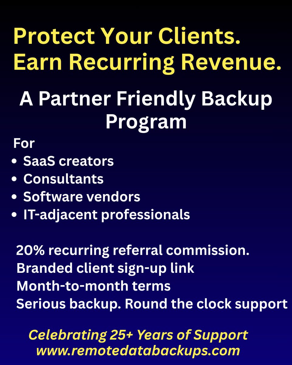 business_backup's tweet photo. For 25+ years we’ve partnered with IT consultants &amp; software vendors who want:
📷 Reliable image or SaaS backup
📷 24/7 U.S.-based support
📷 Month-to-month terms
📷 20% recurring commission
We manage backup &amp; support -you add value to your clients.
sales@rdbu.com | 866-722-2587 https://t.co/PMakXUswOf