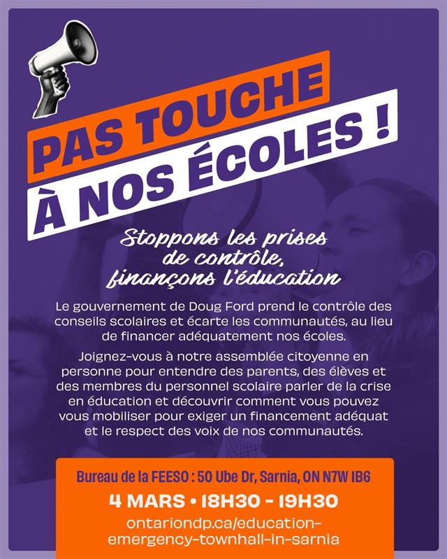 osbcucscso's tweet image. CUPE Locals, join the Education Emergency Townhall on March 4, 6:30pm at OSSTF Office, Sarnia. Share your school experiences with ONDP MPP @ChandraPasma. Spread the word! #EducationEmergency #CUPE
