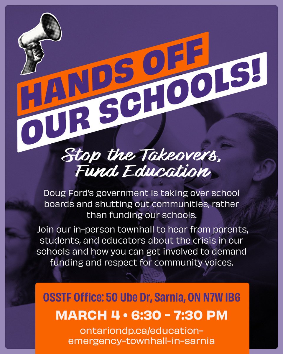 osbcucscso's tweet image. CUPE Locals, join the Education Emergency Townhall on March 4, 6:30pm at OSSTF Office, Sarnia. Share your school experiences with ONDP MPP @ChandraPasma. Spread the word! #EducationEmergency #CUPE