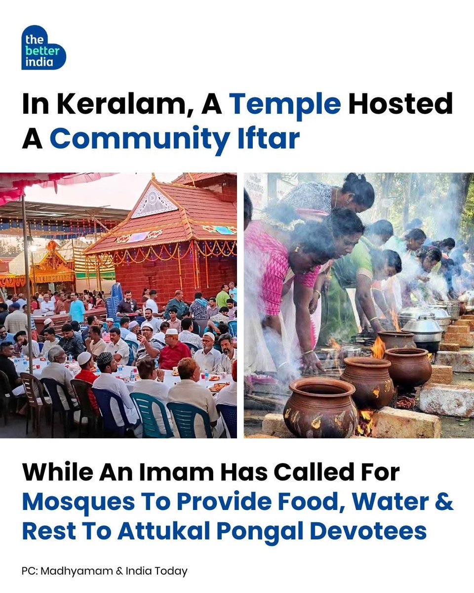 poputchikindia's tweet photo. What does faith look like when it chooses kindness first?

In Kasaragod, a temple hosted an iftar during Brahmakalashotsavam. In Thiruvananthapuram, Imam V. P. Suhaib Maulavi urged care for Attukal Pongala devotees.

Keralam shows how belief can become shared humanity. https://t.co/bAdSSOkuQi
