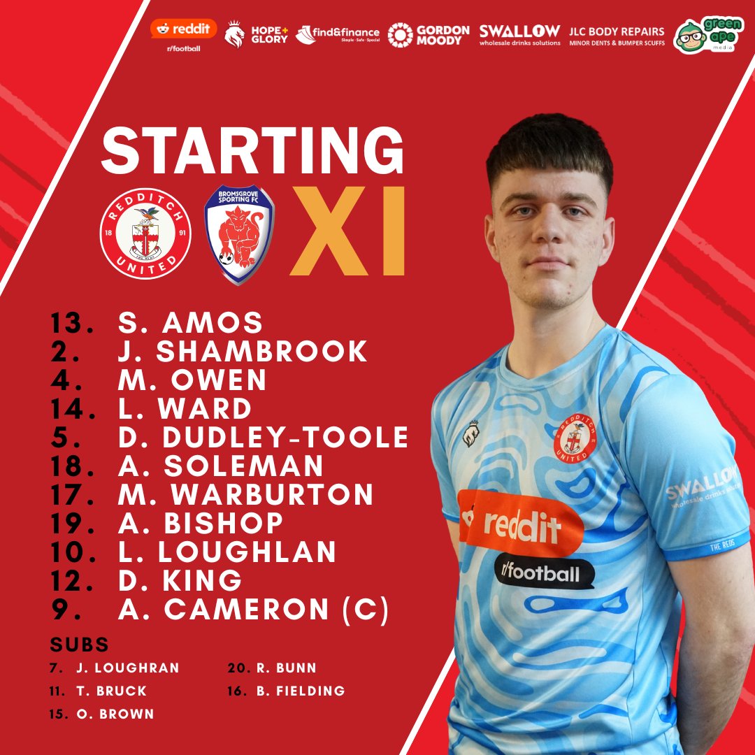 Your Reds to host Bromsgrove Sporting 🏆

🤝 Amos makes his debut in between the sticks, with Warmington serving his suspension 

Kick off coming soon...