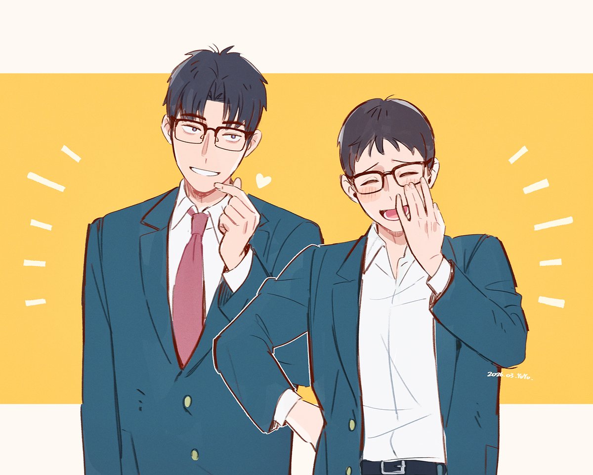 第一張被我畫錯畫成大學生啦!!(說好的社會人士
就算成為大學生也贏不了🤣
我想了好久到底🍦長大要長怎樣...
最後想說他應該是被目高拜託把頭髮留長了吧🤭

第二張交換眼鏡結果全身都換了ww
目高為什麼有一種上班族的感覺🤣

謝謝plurk點圖讓我畫的兩位🥰
#めだにか