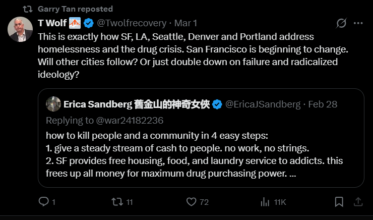 Here's SF's "moderate" Y Combinator CEO Garry Tan reposting MAGA/MAHA "recovery expert" Tom Wolf's quote tweet of MAGA "Journalist" Erica Sandberg's response to a right-wing misery pornographer's post. What does it take for journalists to call Garry what he is - a conservative?