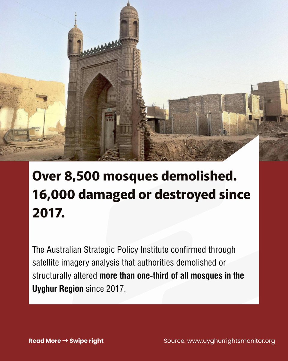 UyghurMonitor's tweet photo. Xi Jinping declared Sinicization of religion a "historical inevitability." The result: 8,500+ mosques demolished, fasting banned, and Friday sermons replaced with Party propaganda in Mandarin. https://t.co/dKPnyLauUv